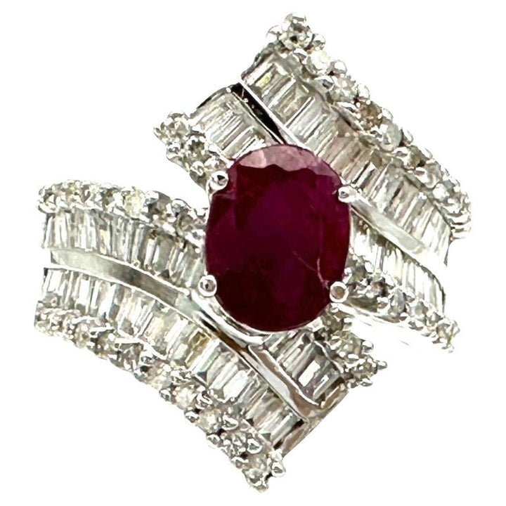 2.50ctw Ruby Diamond Baguette 14 Karat White Gold Cocktail Ring
