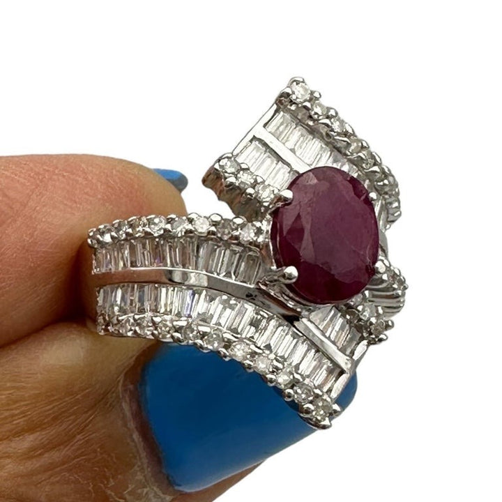 2.50ctw Ruby Diamond Baguette 14 Karat White Gold Cocktail Ring