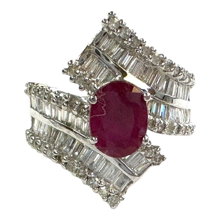 2.50ctw Ruby Diamond Baguette 14 Karat White Gold Cocktail Ring