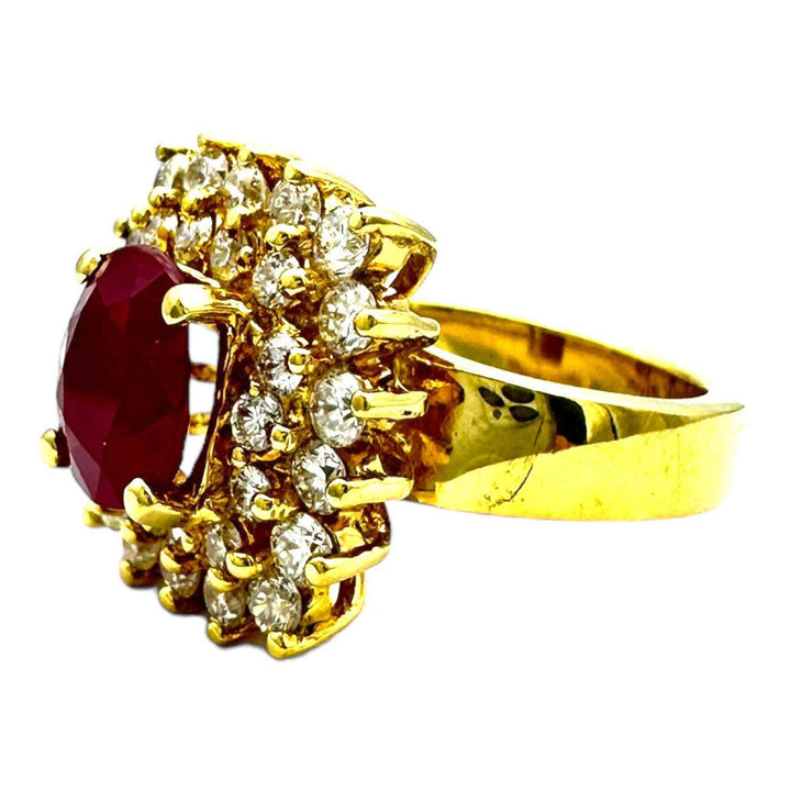 18 Karat Yellow Gold 2.10ct Burma Ruby and Diamond Halo Cluster Ring