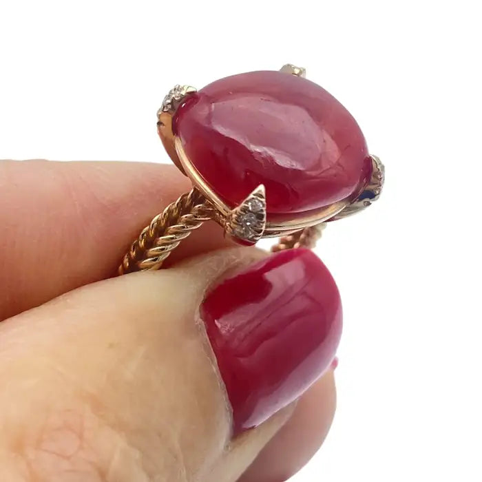 14Kt Red Coral Sugarloaf & Diamond Pink Gold Ring