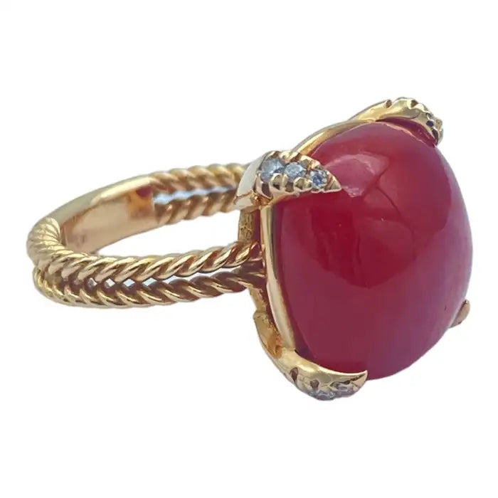 14Kt Red Coral Sugarloaf & Diamond Pink Gold Ring