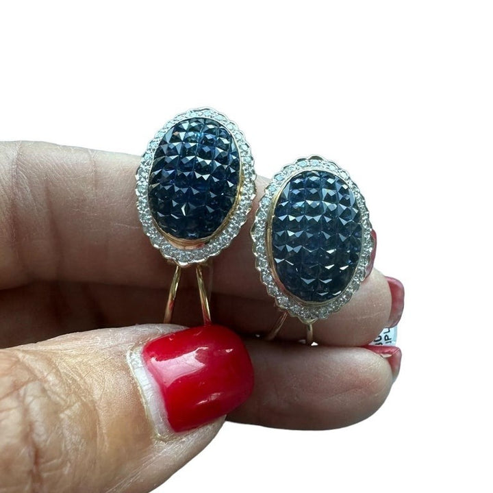18KT Blue Sapphire and Diamond Invisible Style Earrings