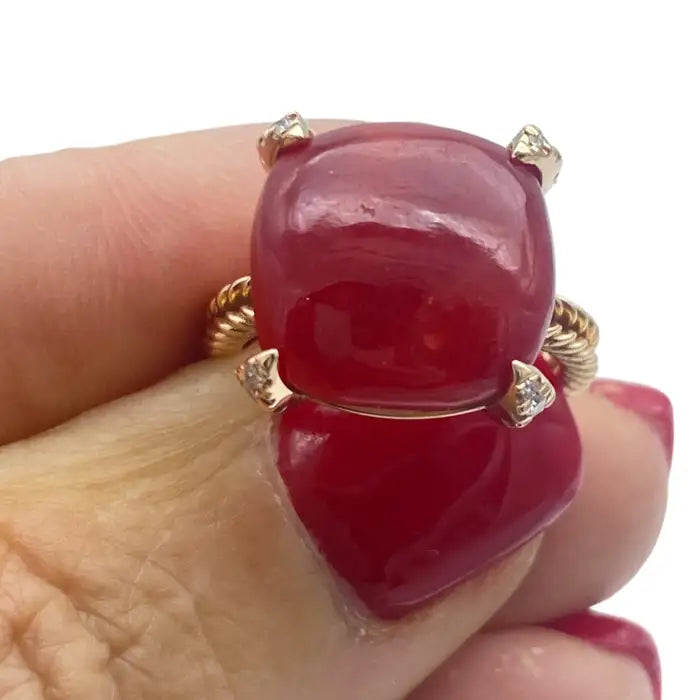 14Kt Red Coral Sugarloaf & Diamond Pink Gold Ring