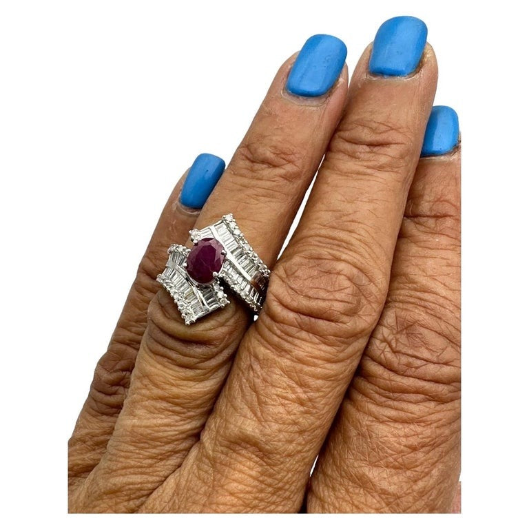 2.50ctw Ruby Diamond Baguette 14 Karat White Gold Cocktail Ring
