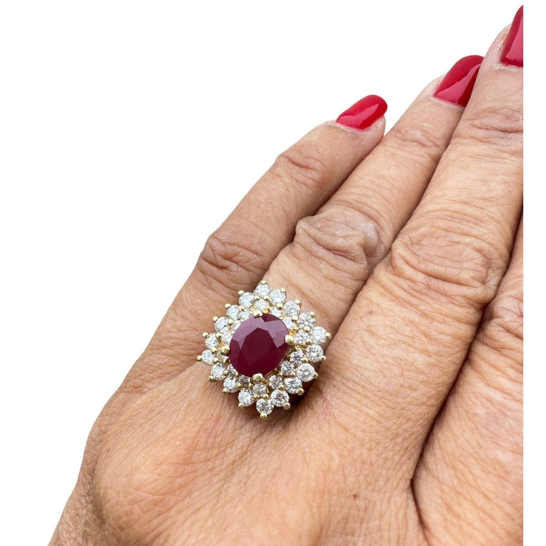 18 Karat Yellow Gold 2.10ct Burma Ruby and Diamond Halo Cluster Ring