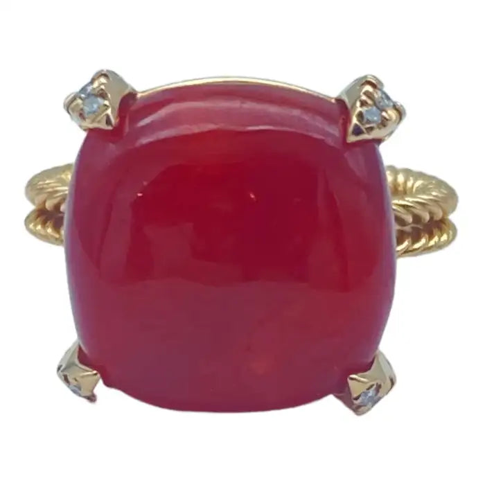 14Kt Red Coral Sugarloaf & Diamond Pink Gold Ring