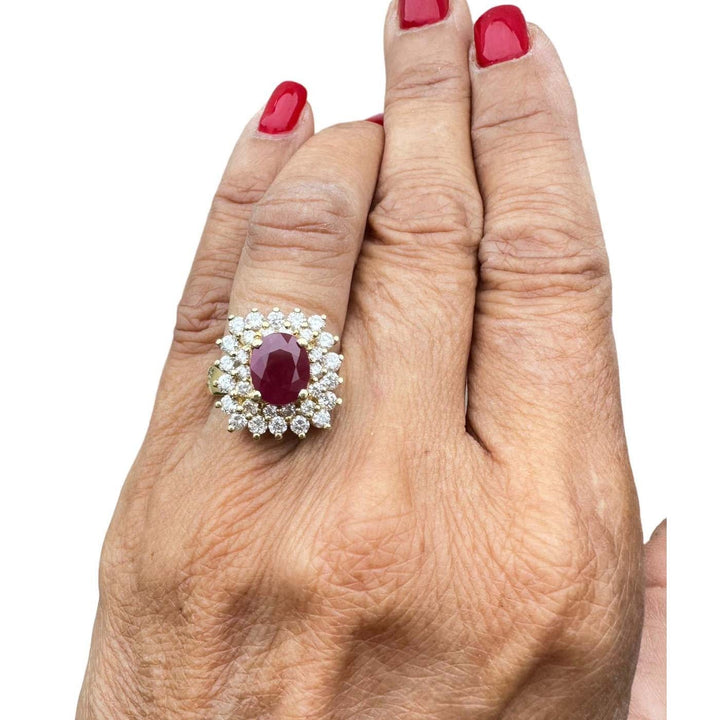 18 Karat Yellow Gold 2.10ct Burma Ruby and Diamond Halo Cluster Ring
