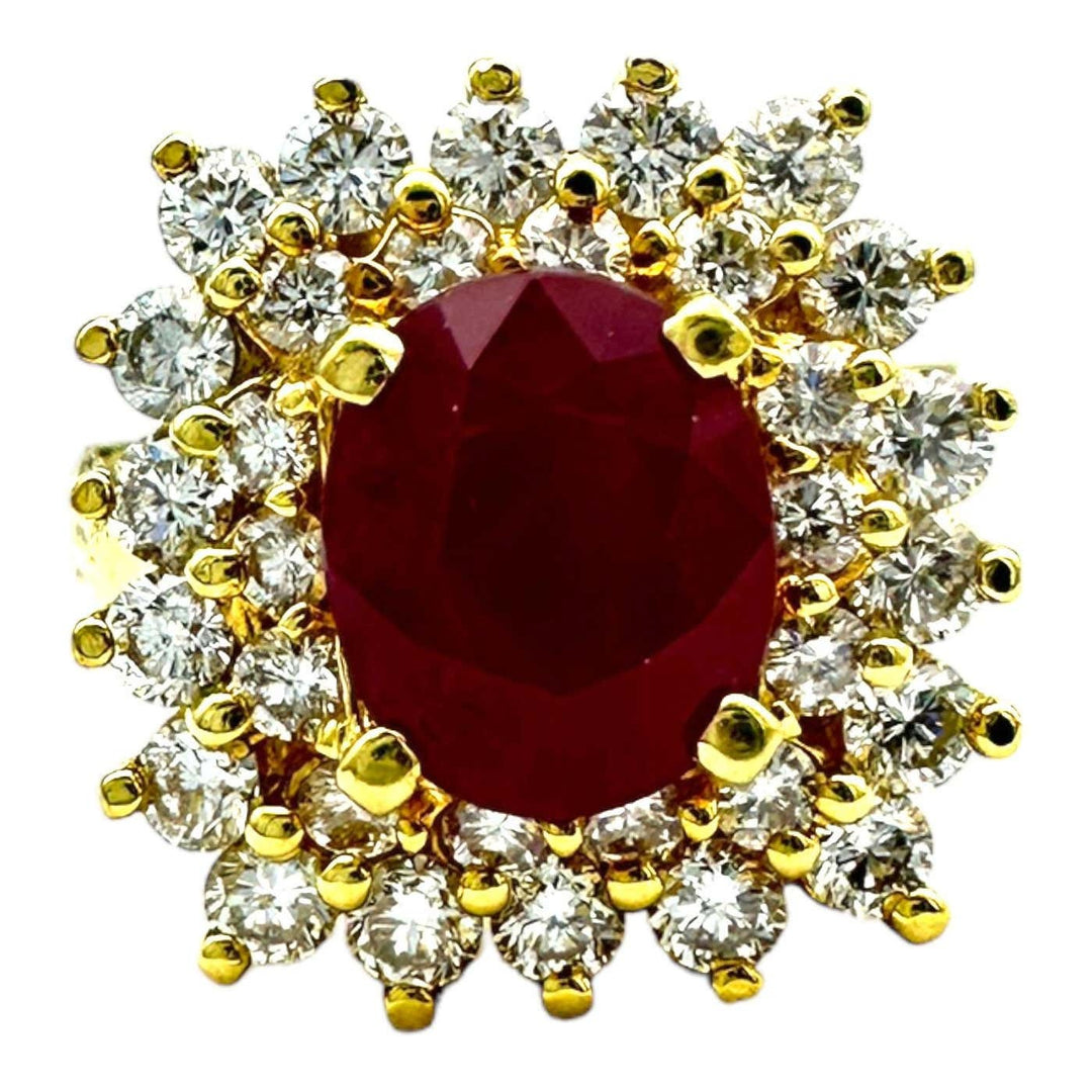 18 Karat Yellow Gold 2.10ct Burma Ruby and Diamond Halo Cluster Ring