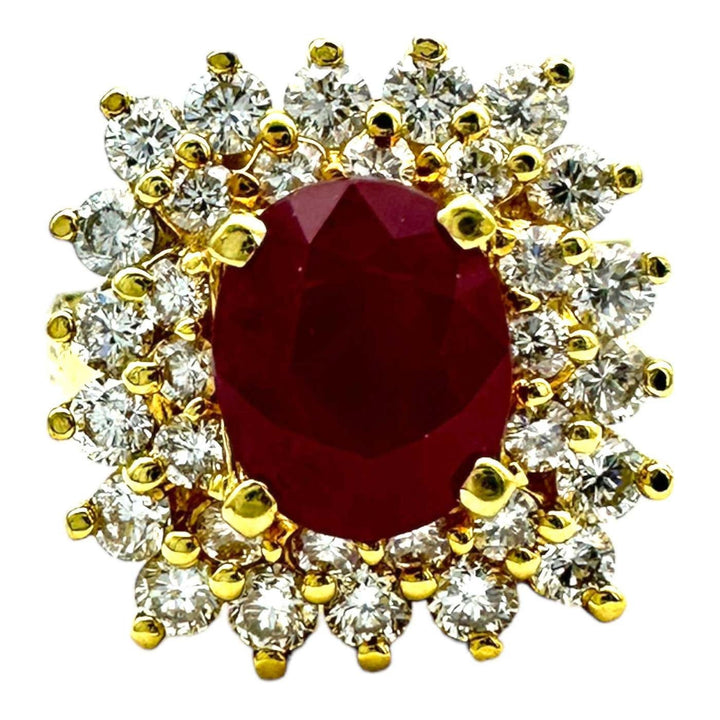 18 Karat Yellow Gold 2.10ct Burma Ruby and Diamond Halo Cluster Ring