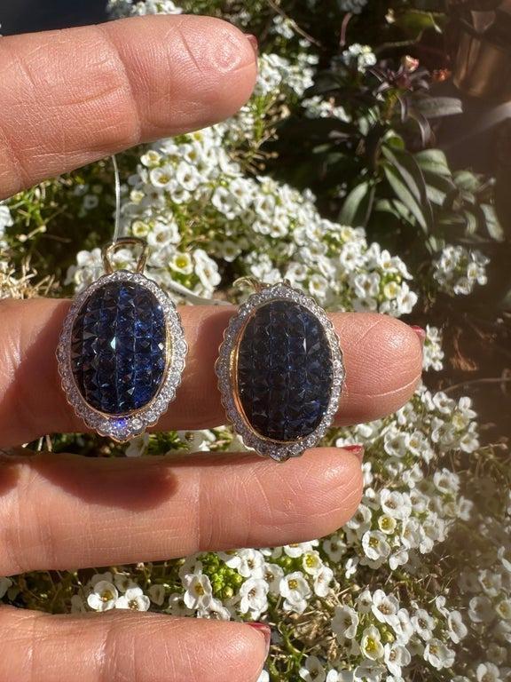18KT Blue Sapphire and Diamond Invisible Style Earrings
