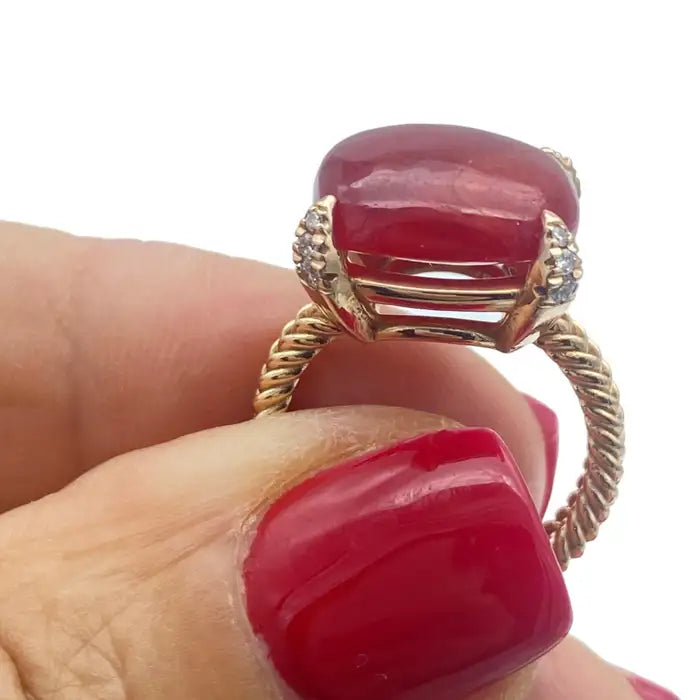 14Kt Red Coral Sugarloaf & Diamond Pink Gold Ring