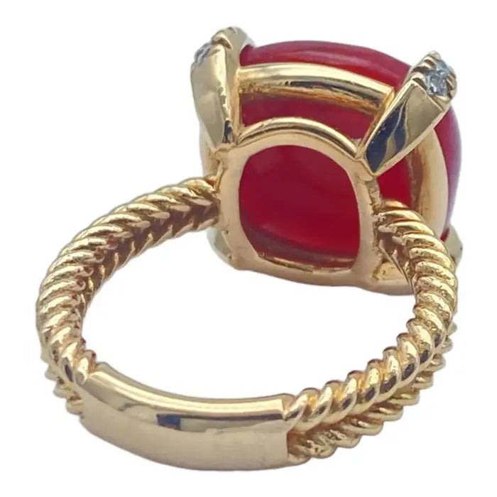 14Kt Red Coral Sugarloaf & Diamond Pink Gold Ring