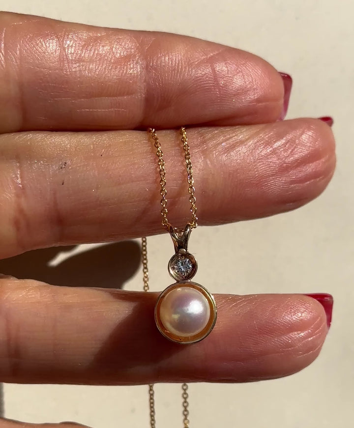 AAA Quality 8.20mm Cultured White Pearl and Diamond Pendant