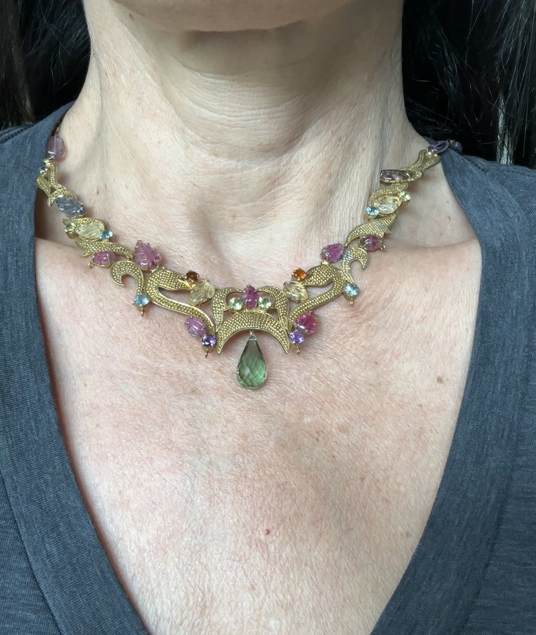 Egyptian Green Dangle Jeweled Leafing Gem Colored Necklace 24K Electroplated