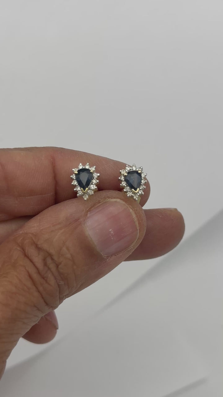 14 Karat .85 Carat Sapphire Pear-Shaped Halo Diamond Stud, Earrings