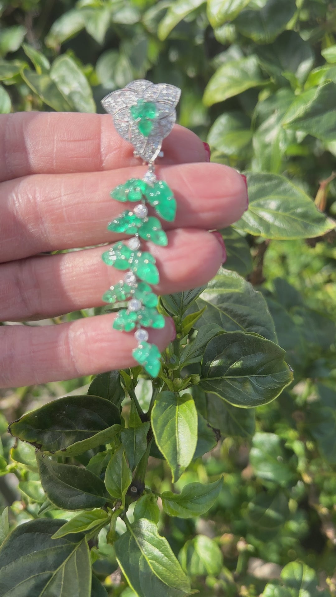 18Kt Diamond & Carved Emerald Foliate Drop Earrings