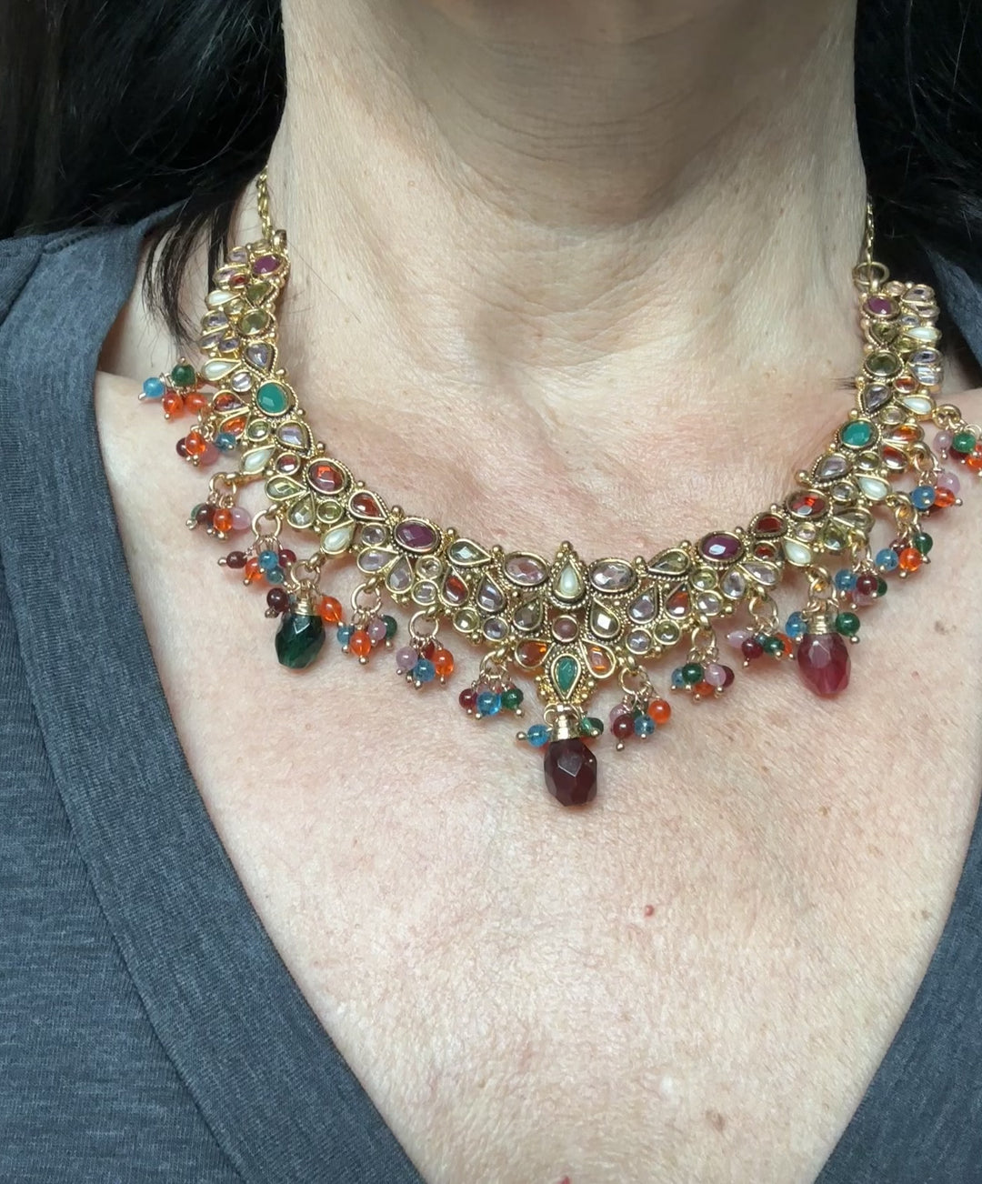 Egyptian Red Dangle, Jeweled Gem Necklace 24kt Yellow Gold Overlay