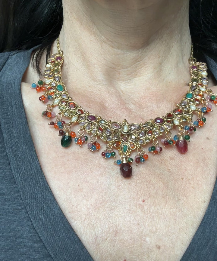 Egyptian Red Dangle, Jeweled Gem Necklace 24kt Yellow Gold Overlay