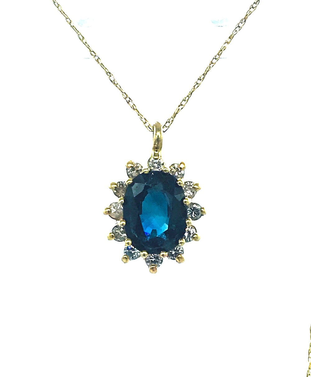 14Kt Blue Sapphire and Diamond Halo Pendant 2.50 ctw Genuine