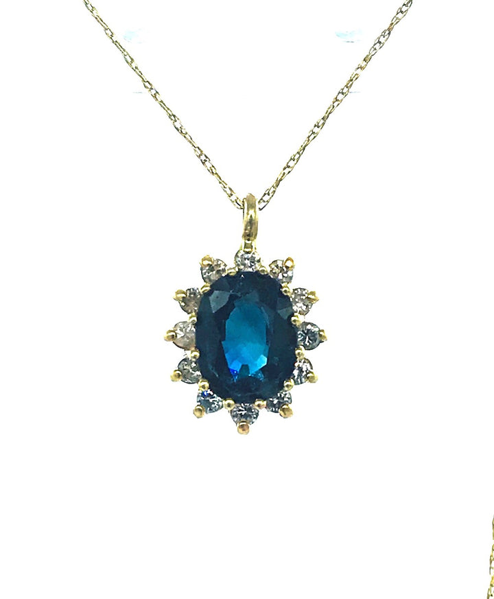 14Kt Blue Sapphire and Diamond Halo Pendant 2.50 ctw Genuine