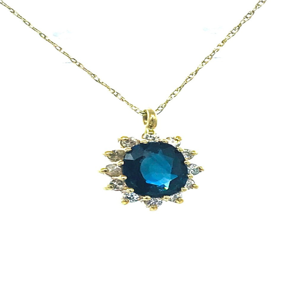 14Kt Blue Sapphire and Diamond Halo Pendant 2.50 ctw Genuine