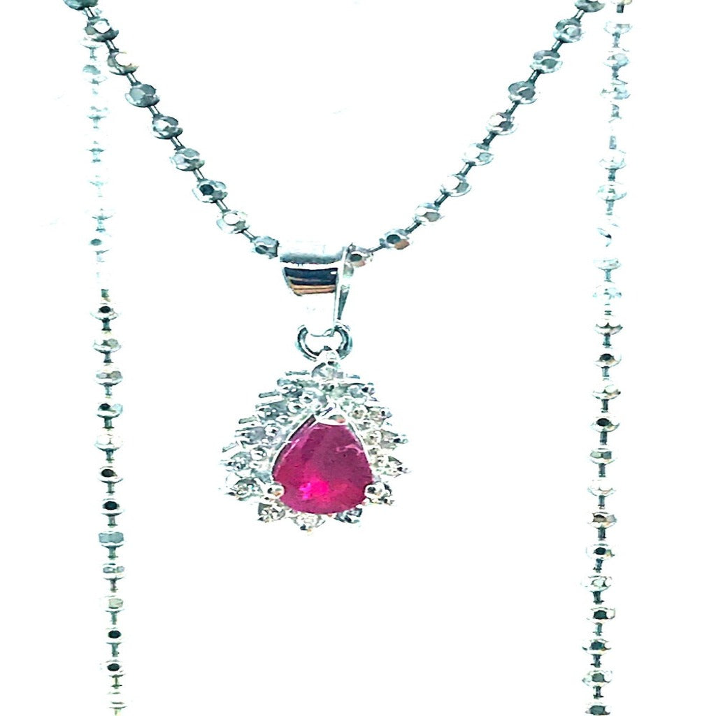 14kt White Gold Ruby Diamond Halo Pendant .60 Ct