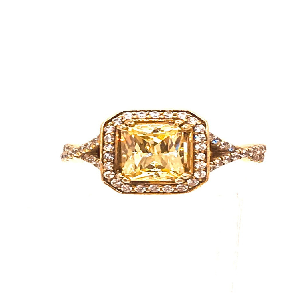 Yellow Stone Halo Engagement Ring, Sterling Silver