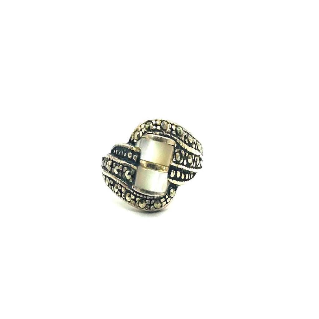 Mother of Pearl and Hematite Dome Ring Sterling Silver