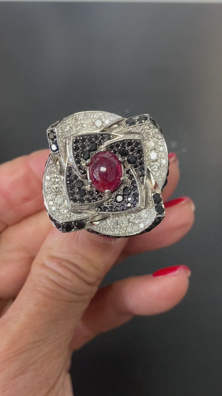 18Kt Ruby & Diamond Large Flower Ring with Black Spinel 9 Carats