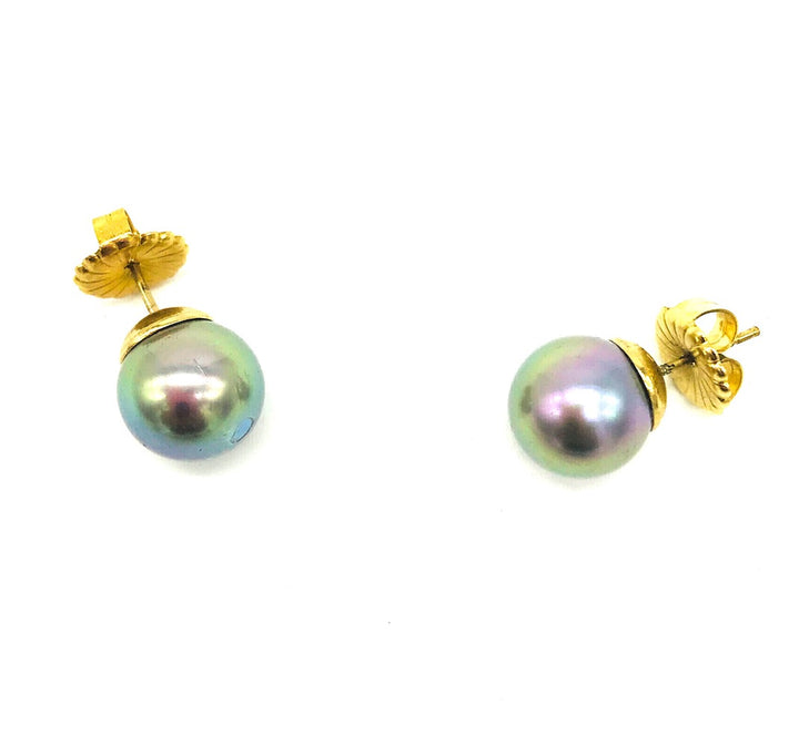 AAA Tahitian Gray Pearl Stud Earrings  11.50mm 18Kt