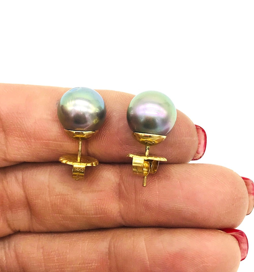 AAA Tahitian Gray Pearl Stud Earrings  11.50mm 18Kt