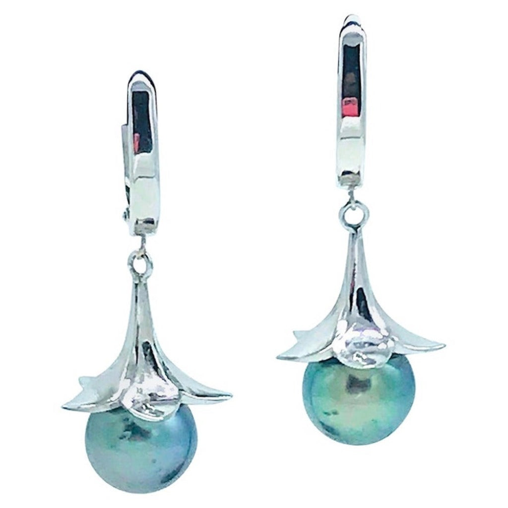 AAA 10mm Tahitian Pearl Drop Earrings White Gold