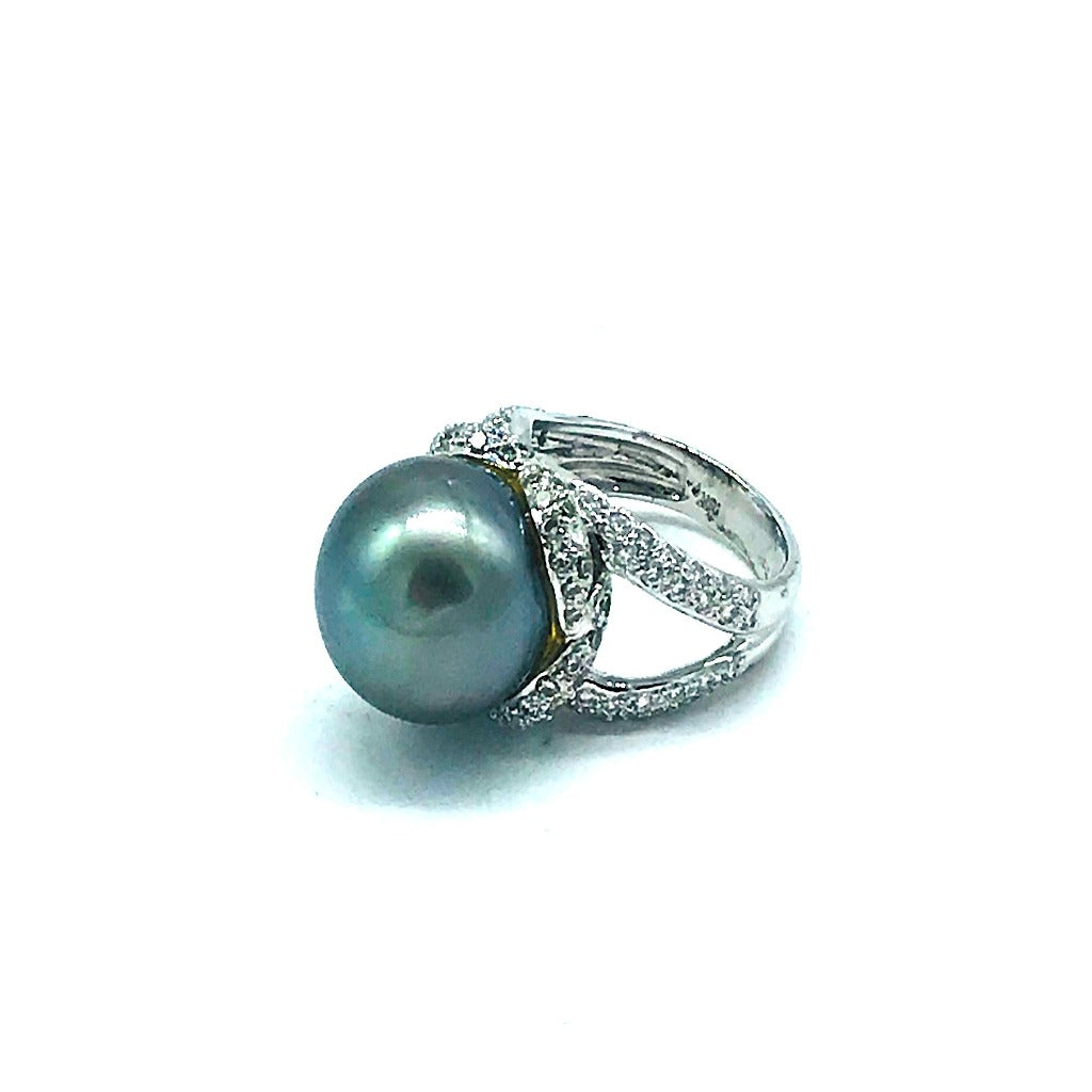 AAA Diamond and Gray 14.5mm Tahitian Pearl 1 ct Ring