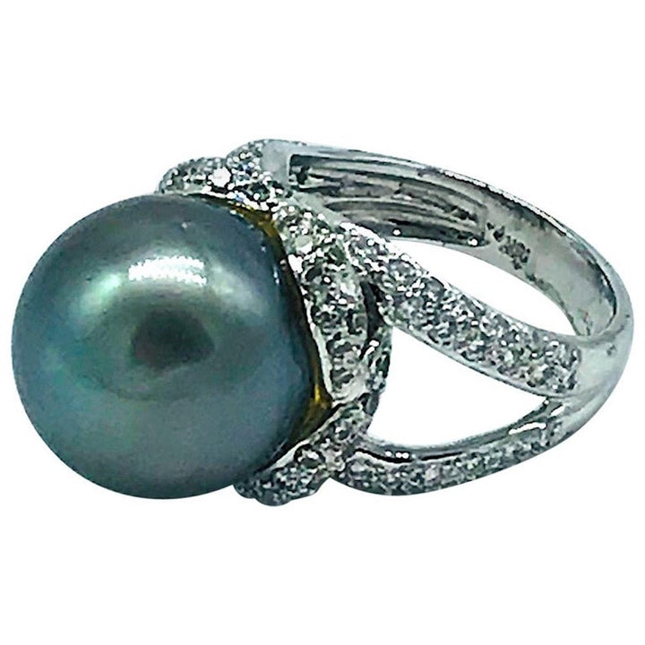 AAA Diamond and Gray 14.5mm Tahitian Pearl 1 ct Ring