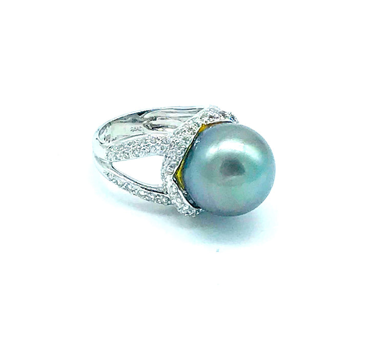 AAA Diamond and Gray 14.5mm Tahitian Pearl 1 ct Ring