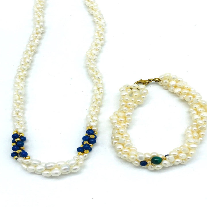 Pearl Necklace and Earrings Lapis and Malachite Multiple Strands