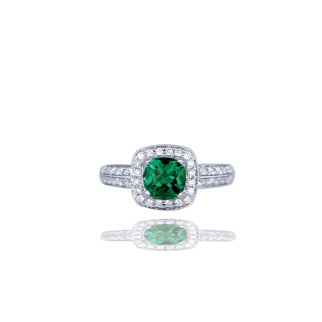 14kt White Gold Diamond Green Stone Engagement Halo Ring .40 Carat