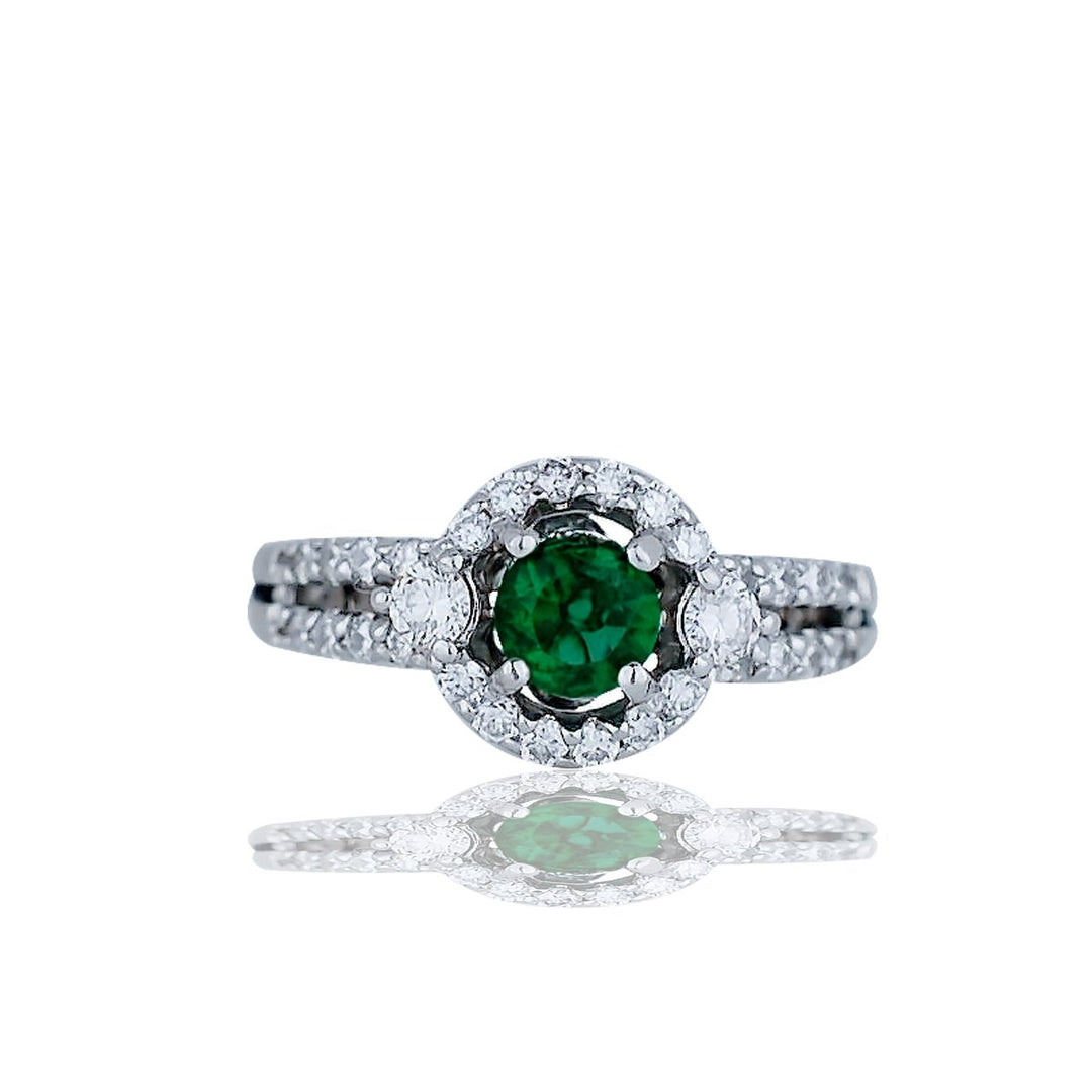 14kt White gold Green & Diamond Halo Engagement Ring 1.25 ctw