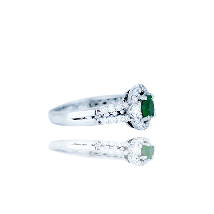 14kt White gold Green & Diamond Halo Engagement Ring 1.25 ctw