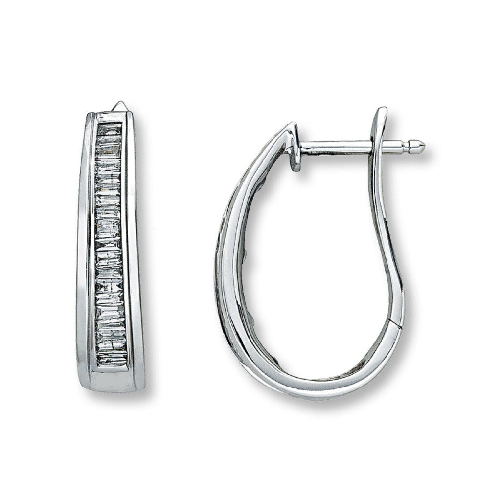 14K Diamond Hoop Earrings Baguette .75 ctw