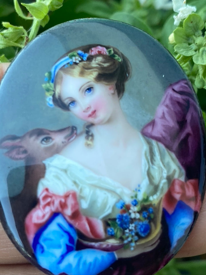 1800’s Courtly Hand Painted Cameo with Deer Resting on Shoulder