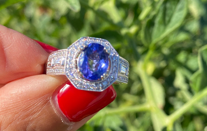 Halo Tanzanite and Diamond Ring, 2.70 ctw VS Quality 18kt