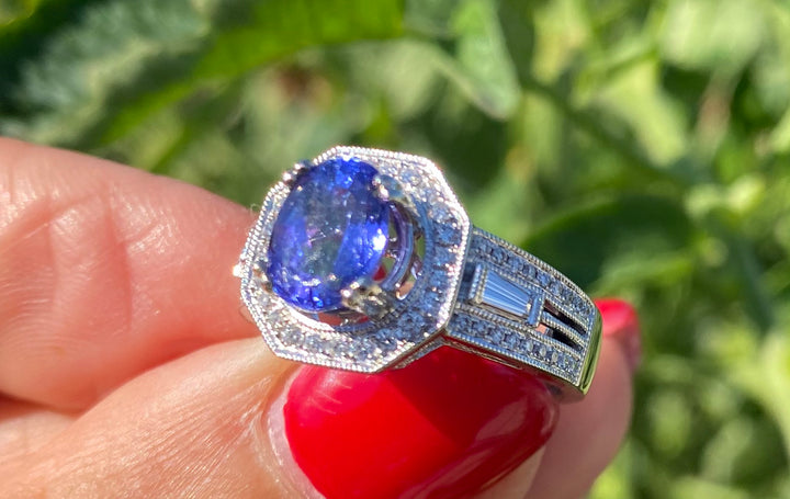 Halo Tanzanite and Diamond Ring, 2.70 ctw VS Quality 18kt