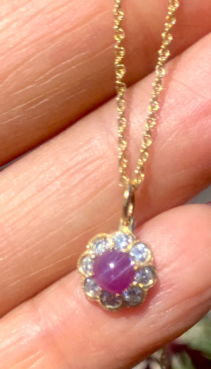 14Kt Ruby Cabochon Diamond Halo Pendant .80 CTW