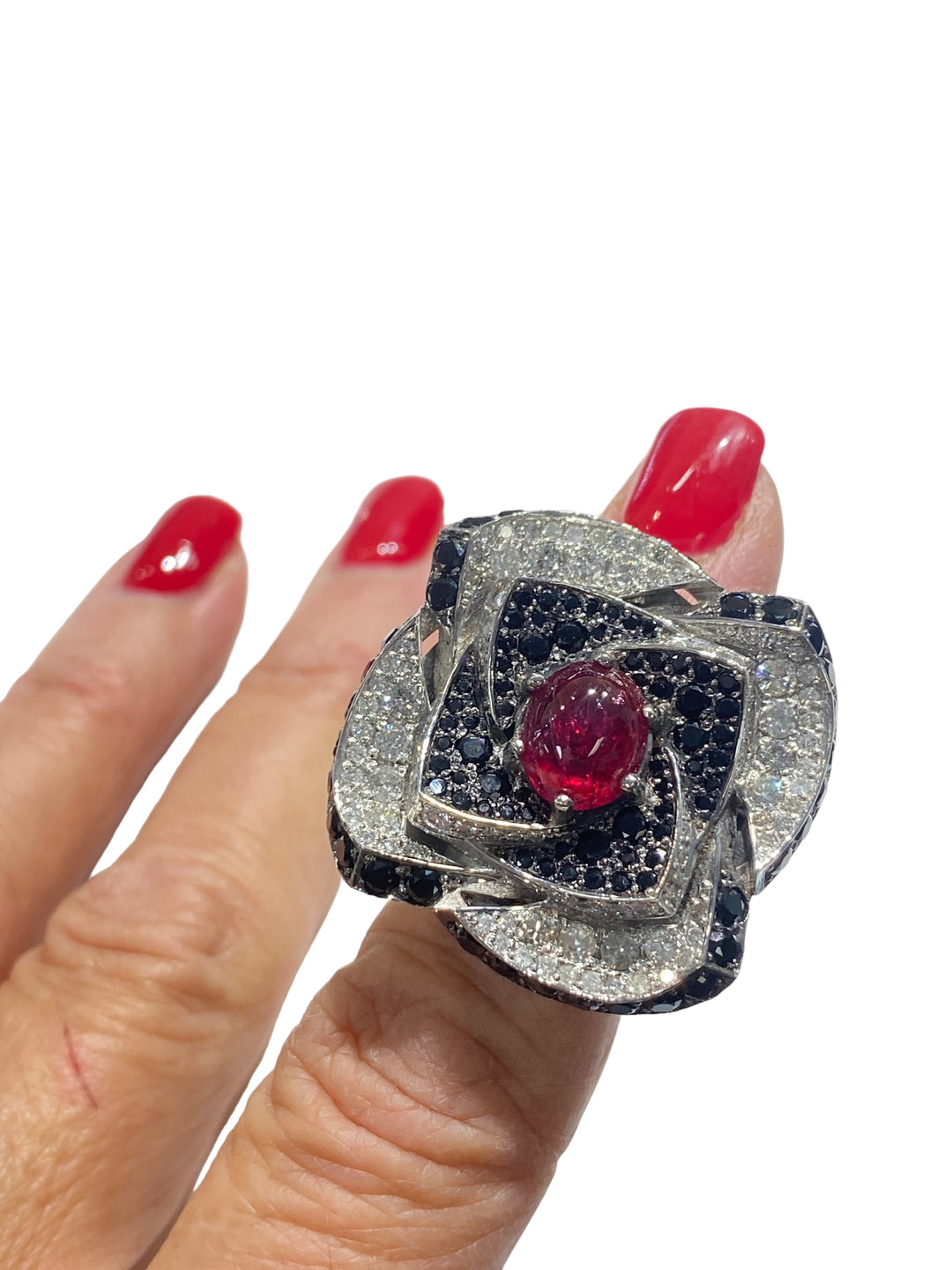 18Kt Ruby & Diamond Large Flower Ring with Black Spinel 9 Carats