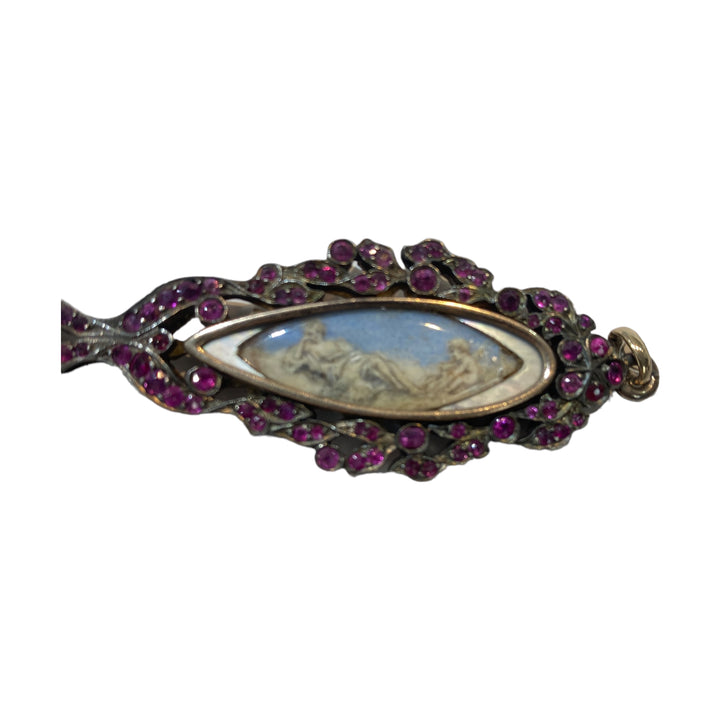 Art Deco 1800’s Ruby Picture Pendant with Lady & Angel