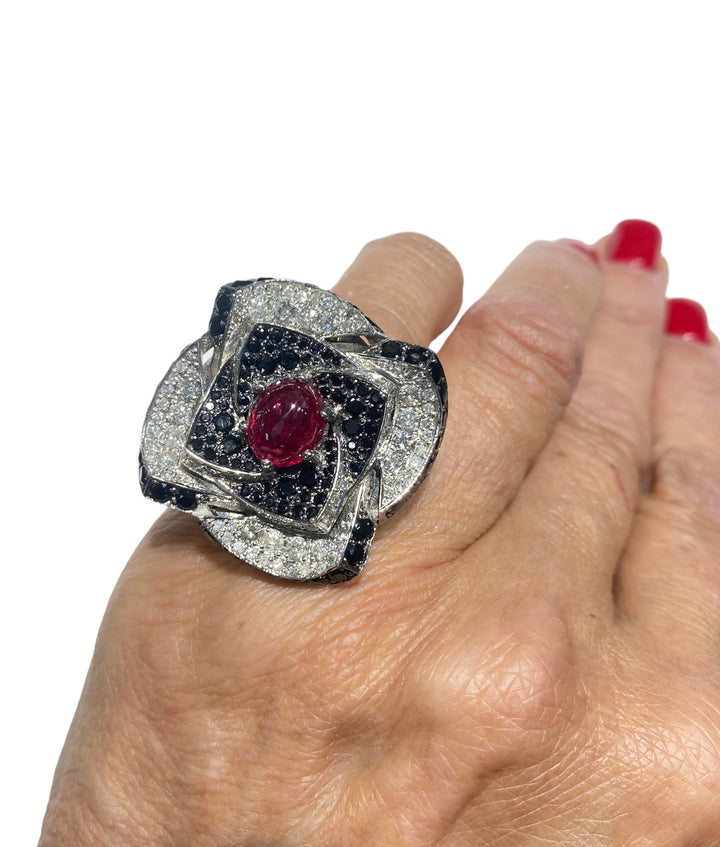 18Kt Ruby & Diamond Large Flower Ring with Black Spinel 9 Carats