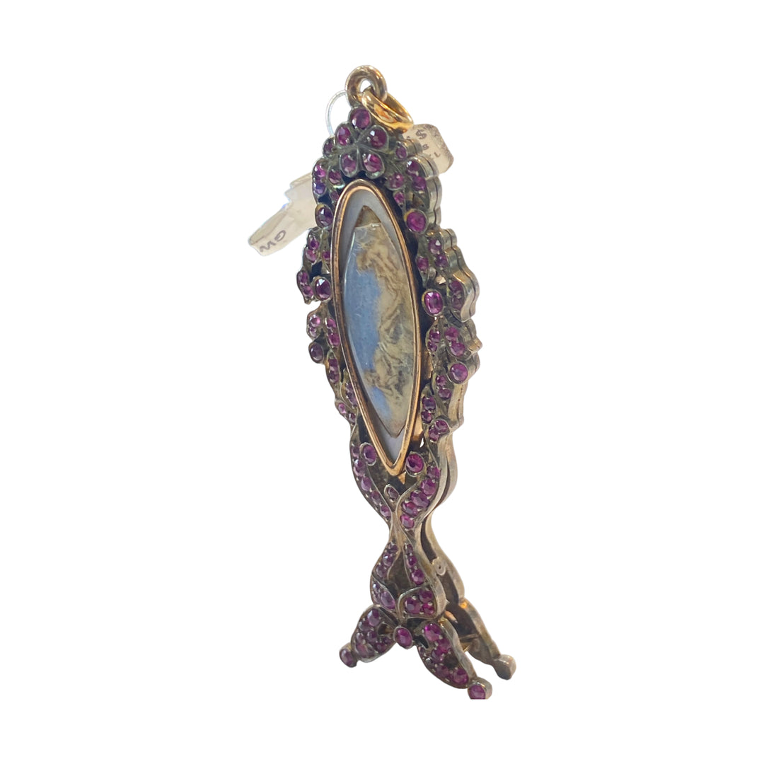 Art Deco 1800’s Ruby Picture Pendant with Lady & Angel