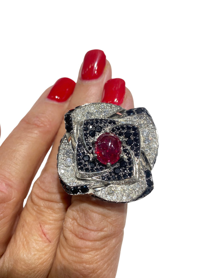 18Kt Ruby & Diamond Large Flower Ring with Black Spinel 9 Carats